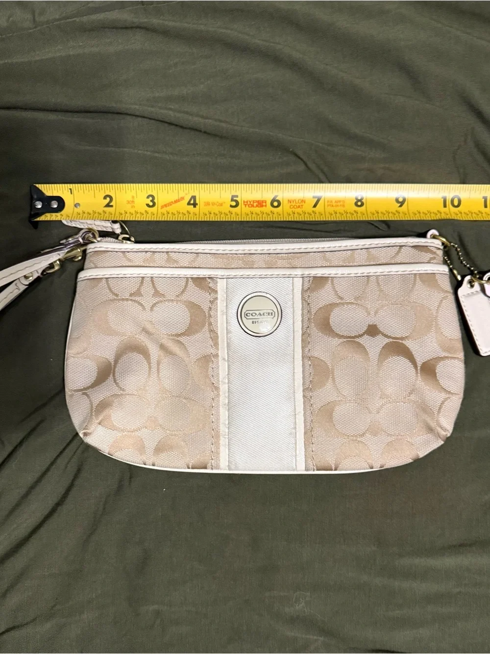 Rare Vintage Coach Cream and Tan Signature Canvas Wristlet with Leather Trim